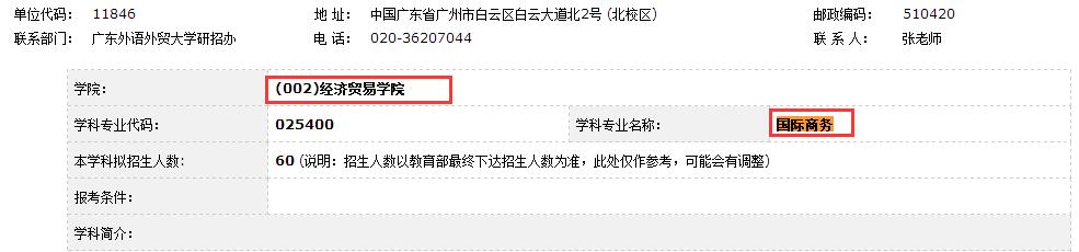 广东外语外贸大学2017年国际商务硕士研究生招生目录