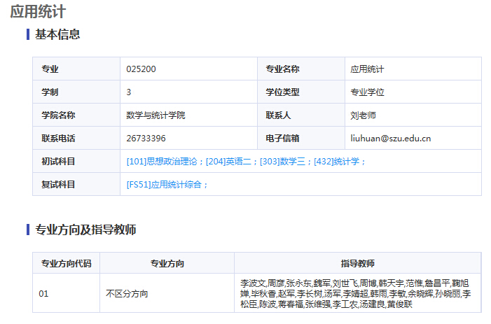 深圳大学2019年应用统计硕士研究生招生专业目录